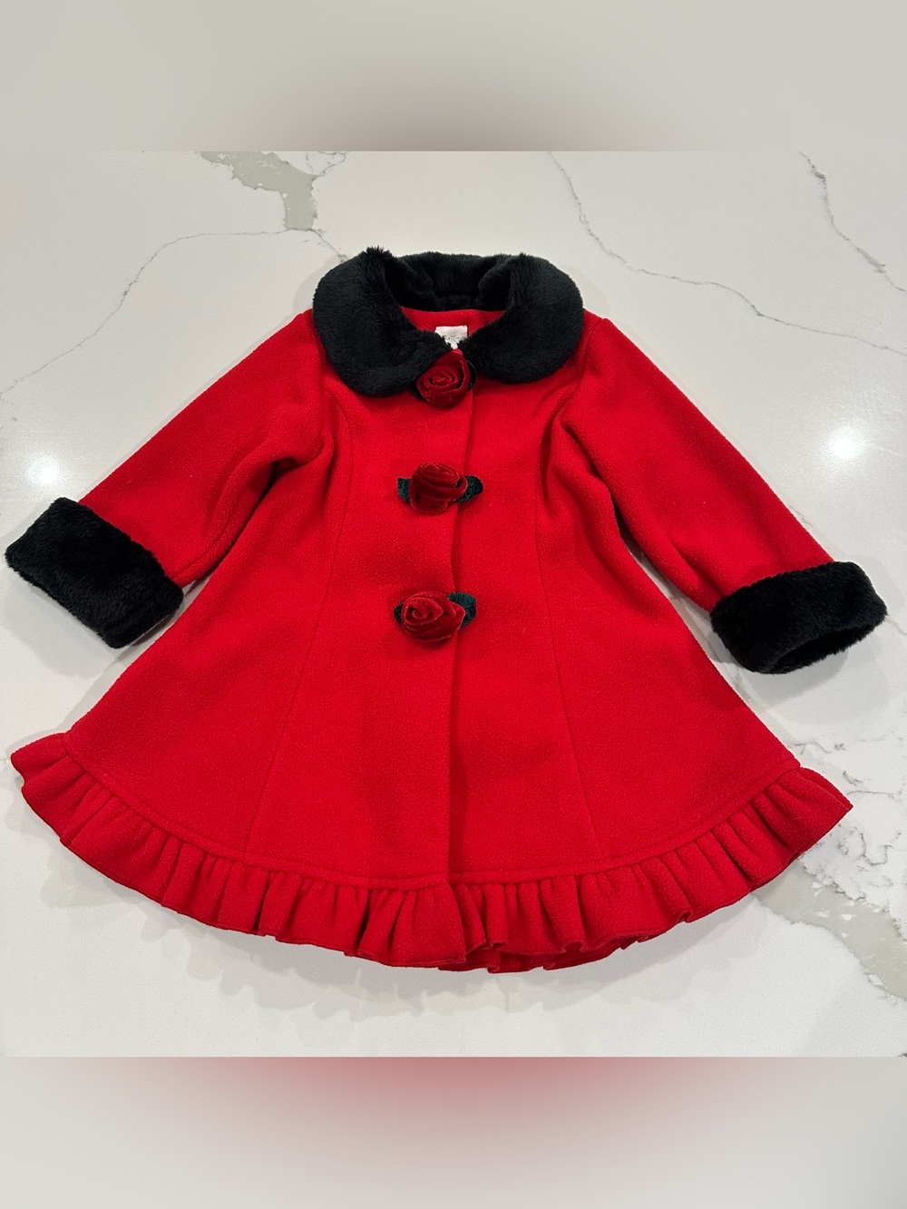 Starting Out Red Fleece Winter Dress Coat Faux Fur Collar Ruffle Christmas 18M